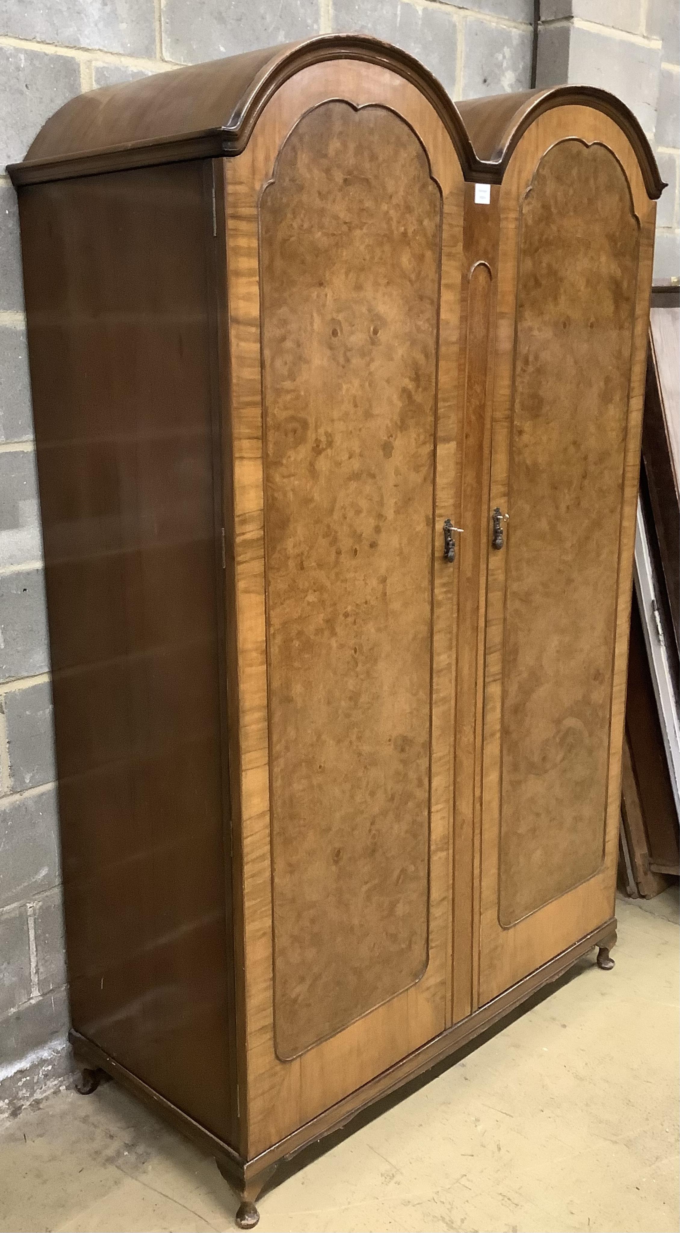 A Queen Anne Revival walnut wardrobe, width 126cm, depth 58cm, height 202cm. Condition - good